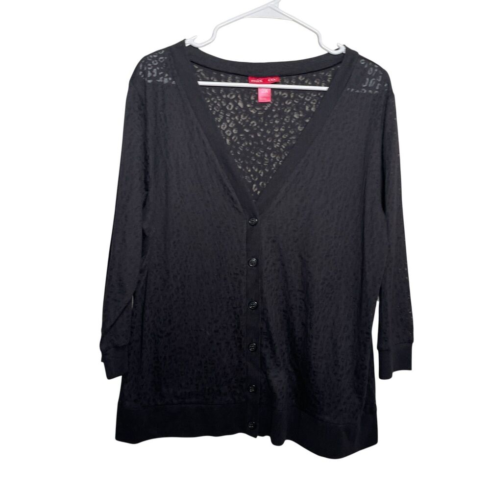 Mix & Co Sweater Women's 2X Black Button Up Cheetah Cardigan 3/4 Sleeve NWT